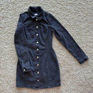 Zara TRF Washed Black Stretchy Denim Button-Down Long Sleeve Cotton Dress Small